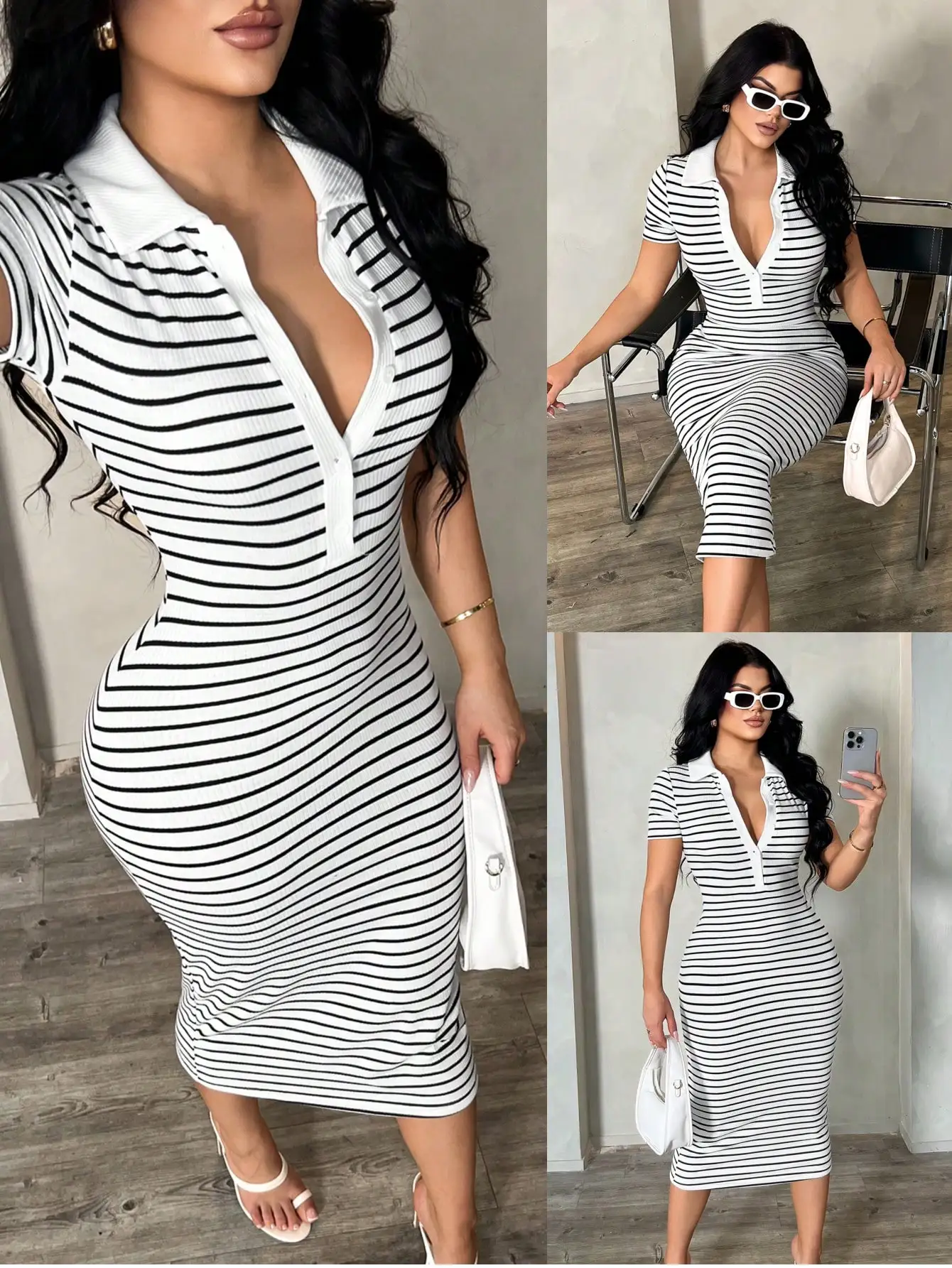 

Women's Black & White Striped Polo Collar Knit Midi Dress, Stretchy Bodycon Fit