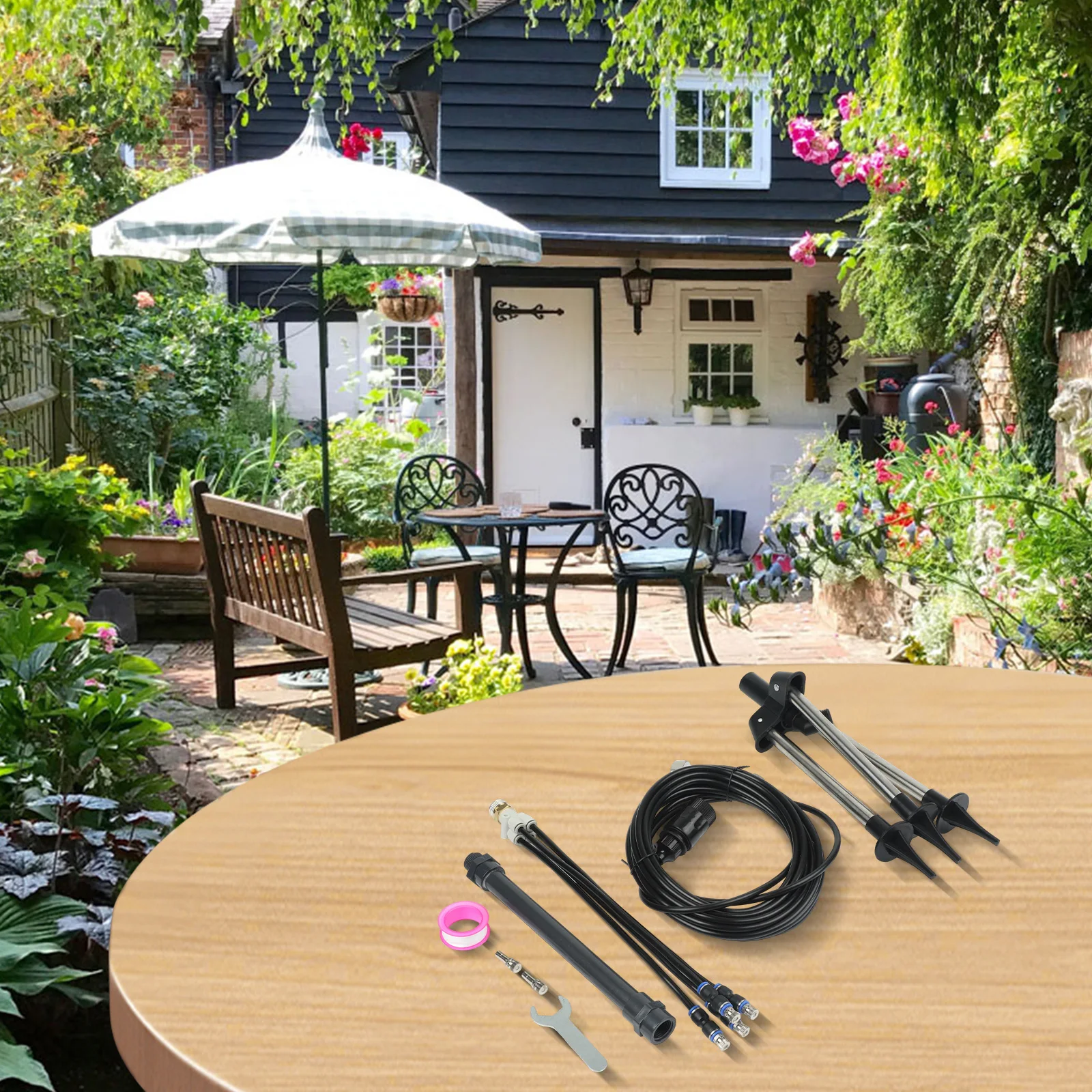Adjustable Height Outdoor Misting System with 360 Degree Flexible Spray for Cooling For Patios Pools Decks and Outdoor Spaces