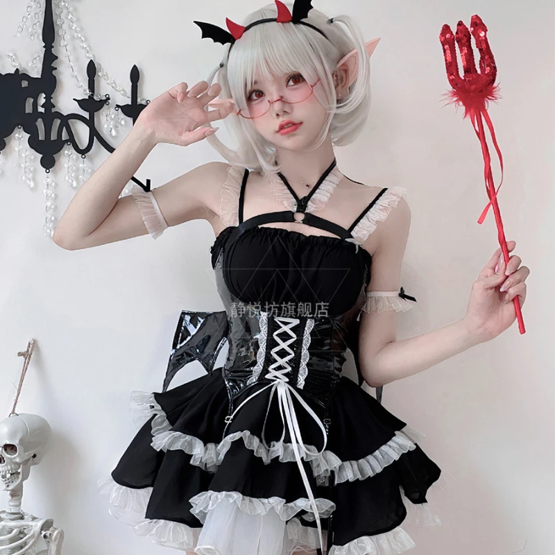 Maid Cosplay Sexy Little Devil Demon Night Elves Maidservant Suit Vampire Bat Dress Sweet and Spicy Girl 4Piece Disfraz Anime