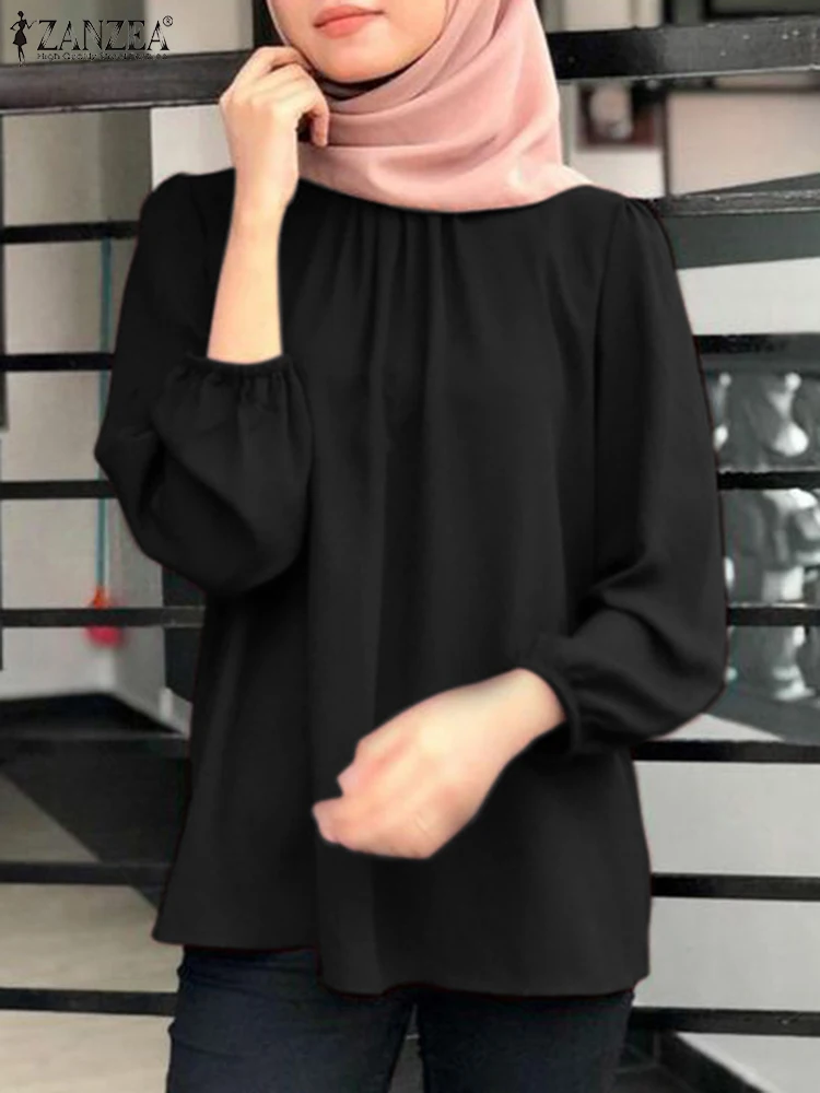 ZANZEA blus lengan panjang Muslim, baju atasan wanita lengan panjang warna polos, baju elegan musim gugur, baju kasual Dubai Turki, jilbab Abaya