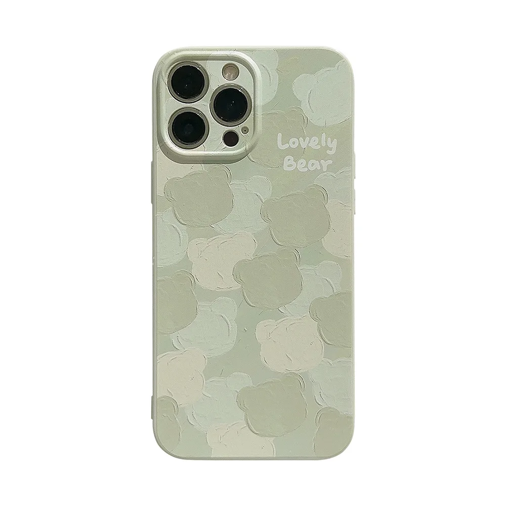 Funda de silicona con dibujo de oso verde para iPhone, carcasa bonita con dibujo al óleo para modelos 12, 13 y 11Pro, 15pro Max 14Plus