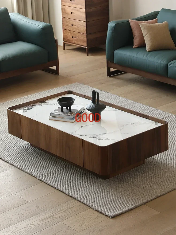 Stone Plate Tea Table Light Luxury Solid Wood Living Room Furniture Household Stone Tea Table Square