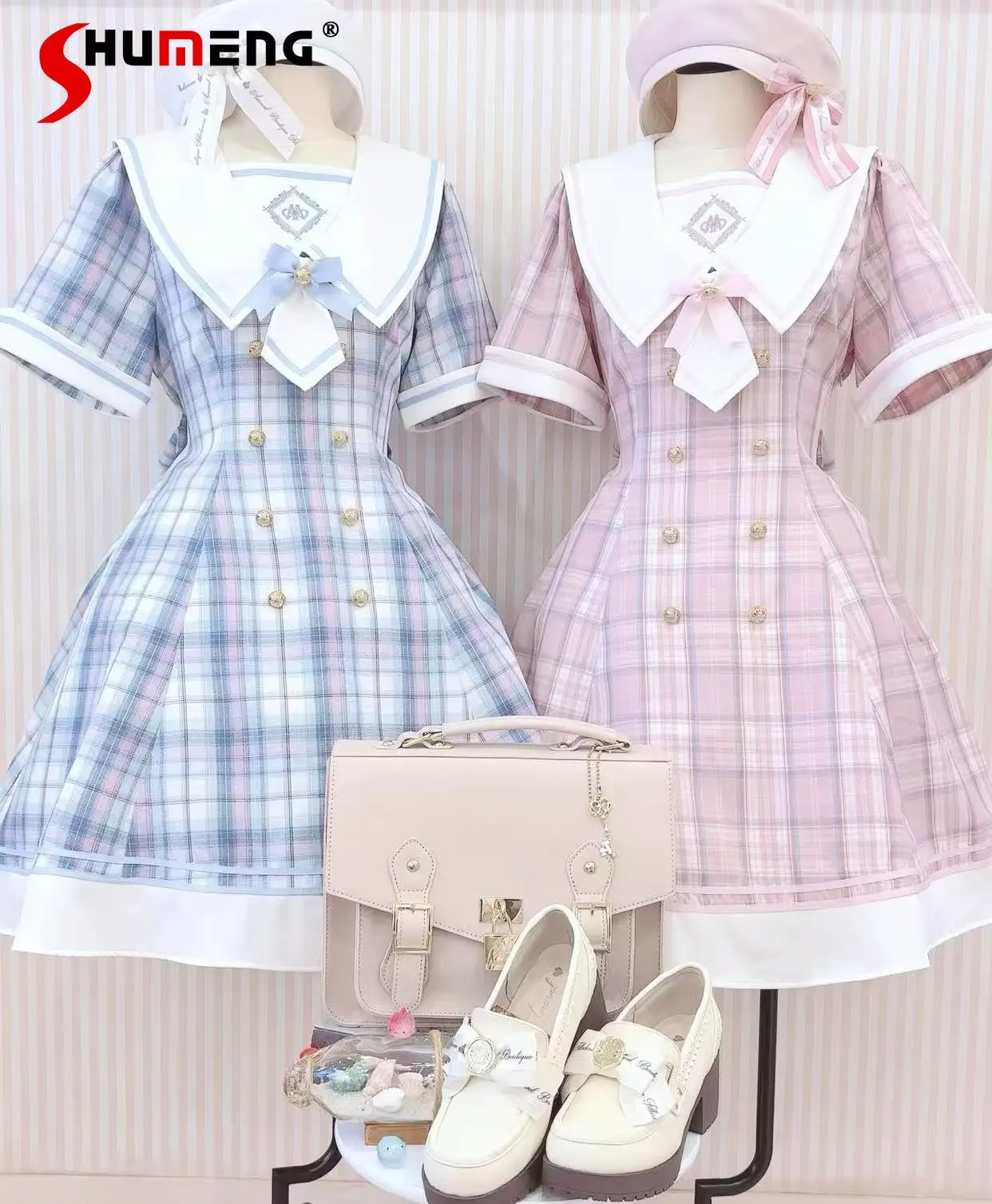 

Japanese Sweet Preppy Style Embroidery Navy Collar Bow Short Sleeve Double-Breasted High Waist Lace-up Slim Plaid Dress Women