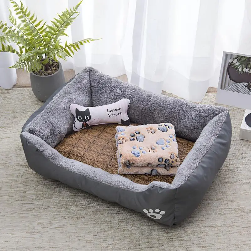 Dog Bed With Cooling Mat Soft Fabric Pet Beds Dog Cushion Bed Gray Small Dog Bed Soft Calming Sleeping Sofa Bed Blanket Toy Bone