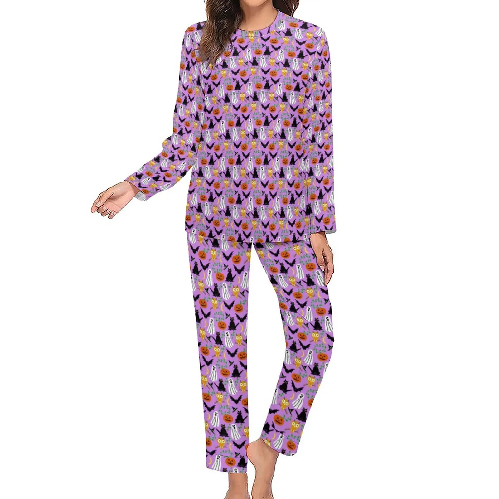 Black Cats Print Pajamas Ghosts Bats Pumpkins Fashion Pajama Sets Female Long Sleeve Room Home Suit