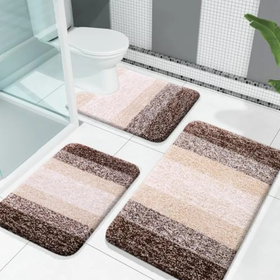 

OLANLY Bathroom Rugs Sets 3 Piece Soft Absorbent Microfiber Bath Mats and U-Shaped Contour Toilet Rug Plush Shaggy Bath Mat Set