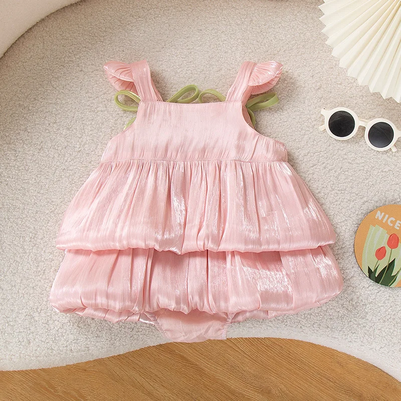 2025 Summer New Baby Girls Clothes Tulip Decorated Cake-Layered Soft Shiny Fabric Romper Onesie Crawler