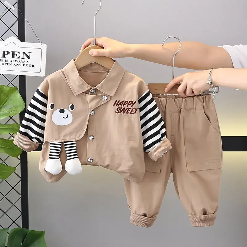 Autumn Spring Kids Boy Fashion Cartoon Bear Clothing Baby Suits Shirt Pants 2pcs/Set Children Clothes 1 2 3 4 5 Years