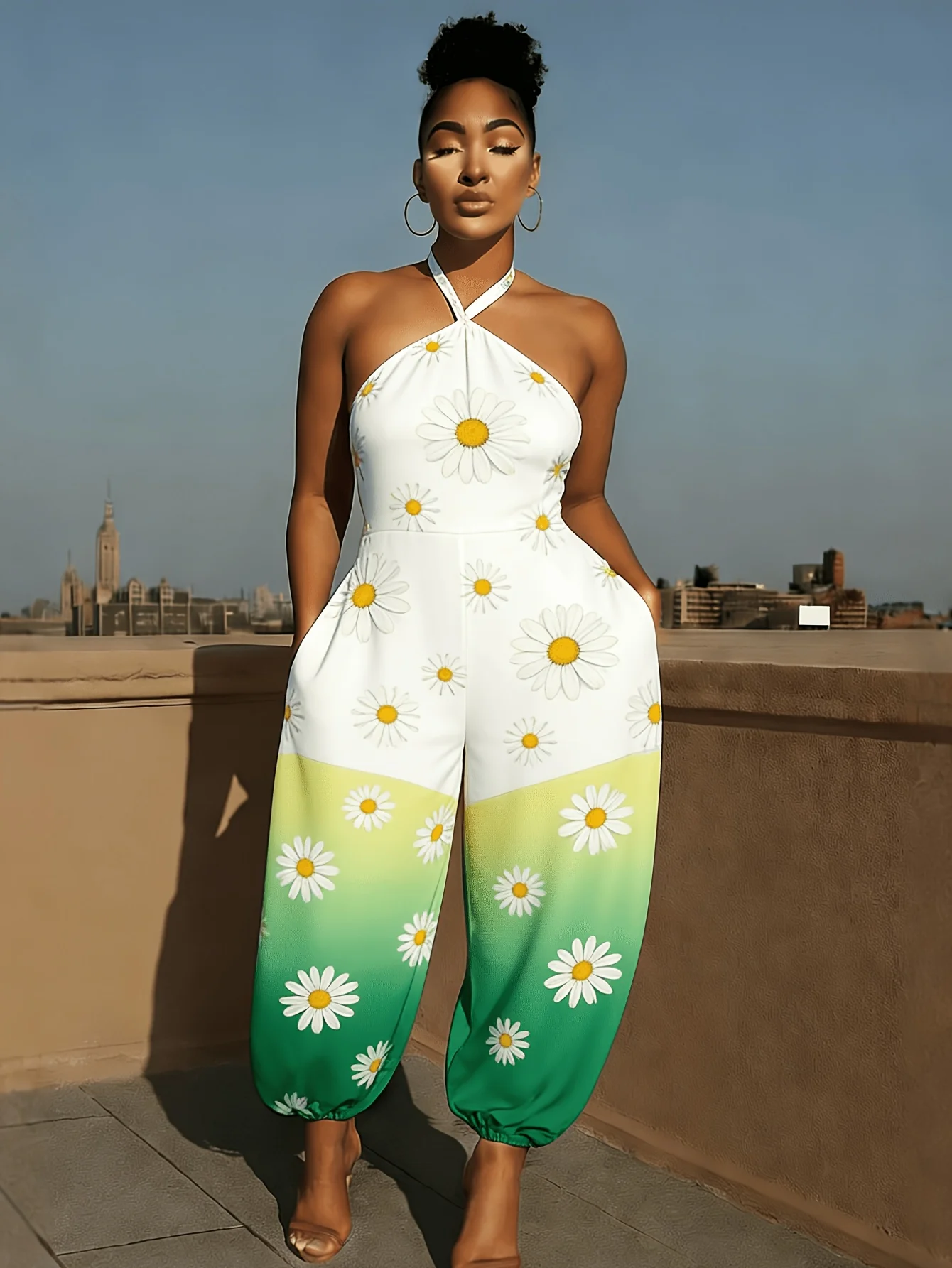 

Women's Halter Jumpsuit Cute Daisy Floral Green Gradient Print Sleeveless High Waist Beam Foot with Pockets Casual Outfit