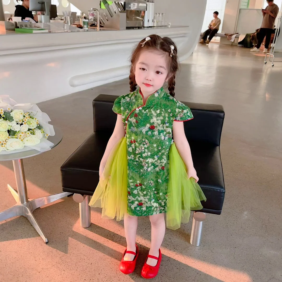 Exclusive creation Flower Girl Dresses High Quality  green Pearl design Chinese style cheongsam birthday Prom girl Evening dress