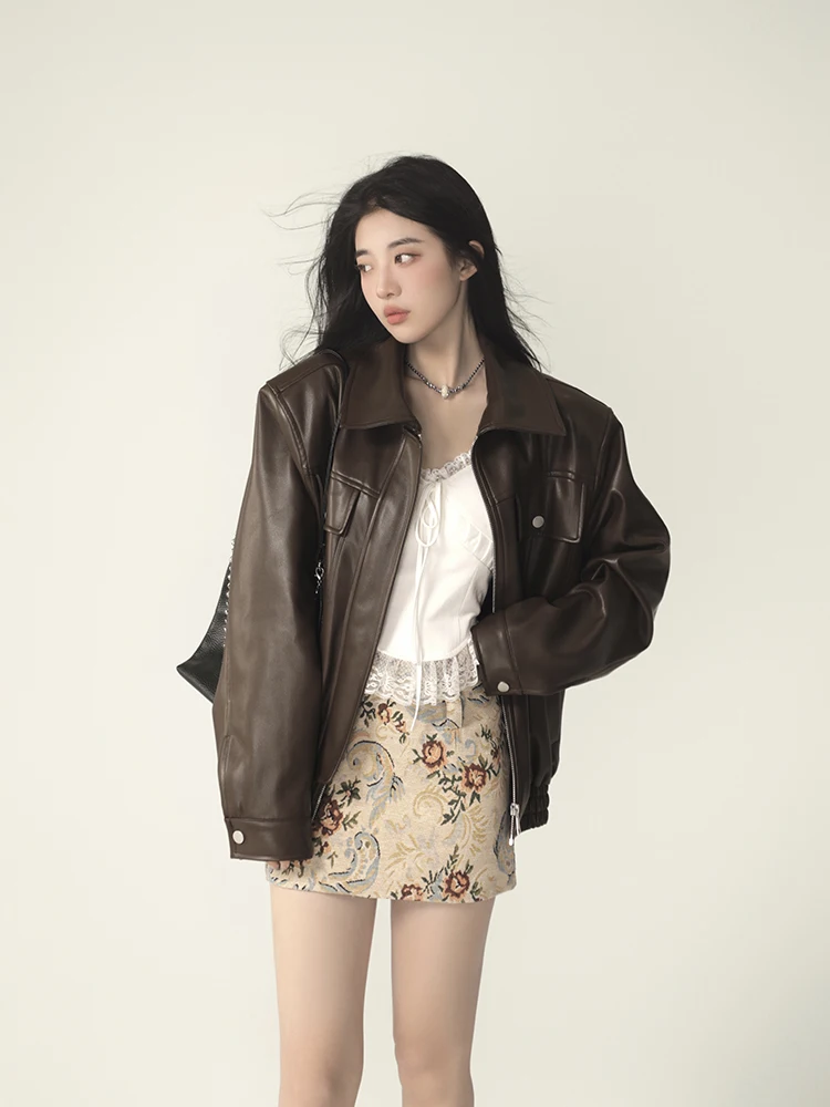 Cool Girl Attitude ort Pelle marrone Jaet Donna Autunno Taglia piccola trapuntata in pelle PU Top da pendolarismo Sle Lunga cerniera sve