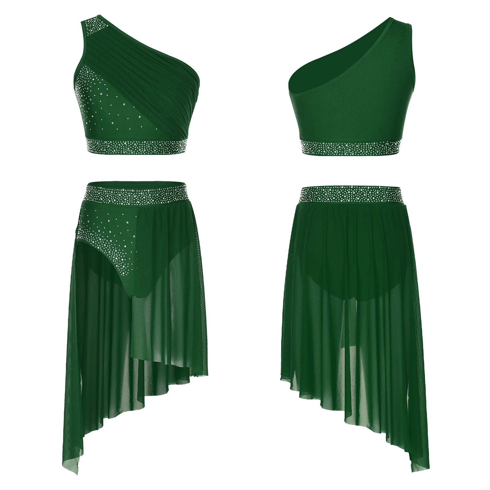 Womens Jazz Dance Figure Skating Costume Glitter Rhinestone Leotard Dress One Shoulder Sleeveless Lyrical Modern Dance Dresses