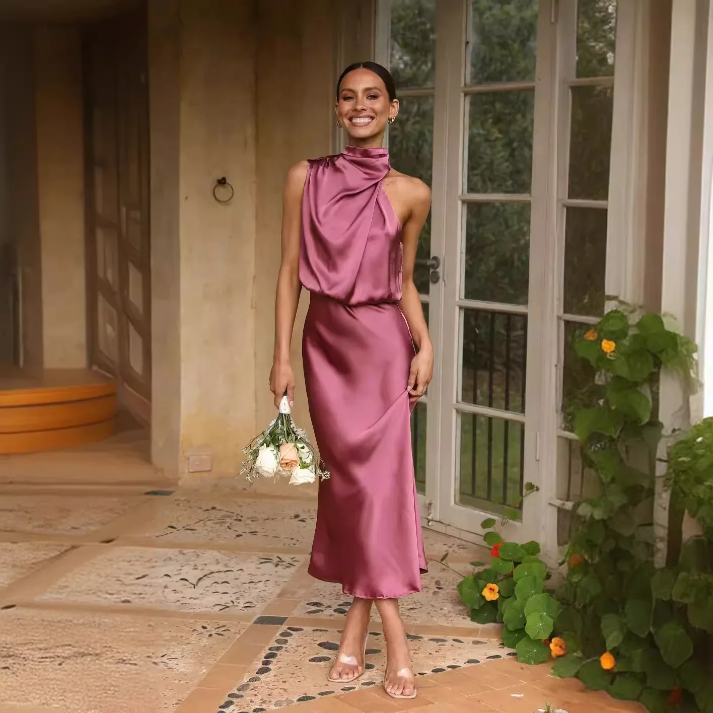 BWQ Abito lungo senza maniche in raso di seta estivo di fascia alta Moda donna Abiti eleganti da celebrità Abito da sera Abiti da festa da donna