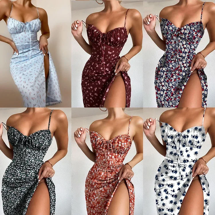 Blume Gedruckt Spaghetti Strap Kleider Für Frauen Sexy Low Cut Strand Party Schlank Schlitz Kleid Chic Bodycon Dame Ärmellose Vestidos