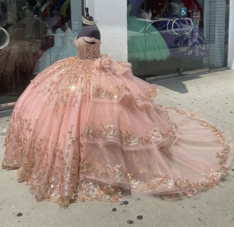 Vestido de quinceañera rosa brillante, vestido de baile sin hombros, apliques de tul, dulce 16, 15 Años, mexicano