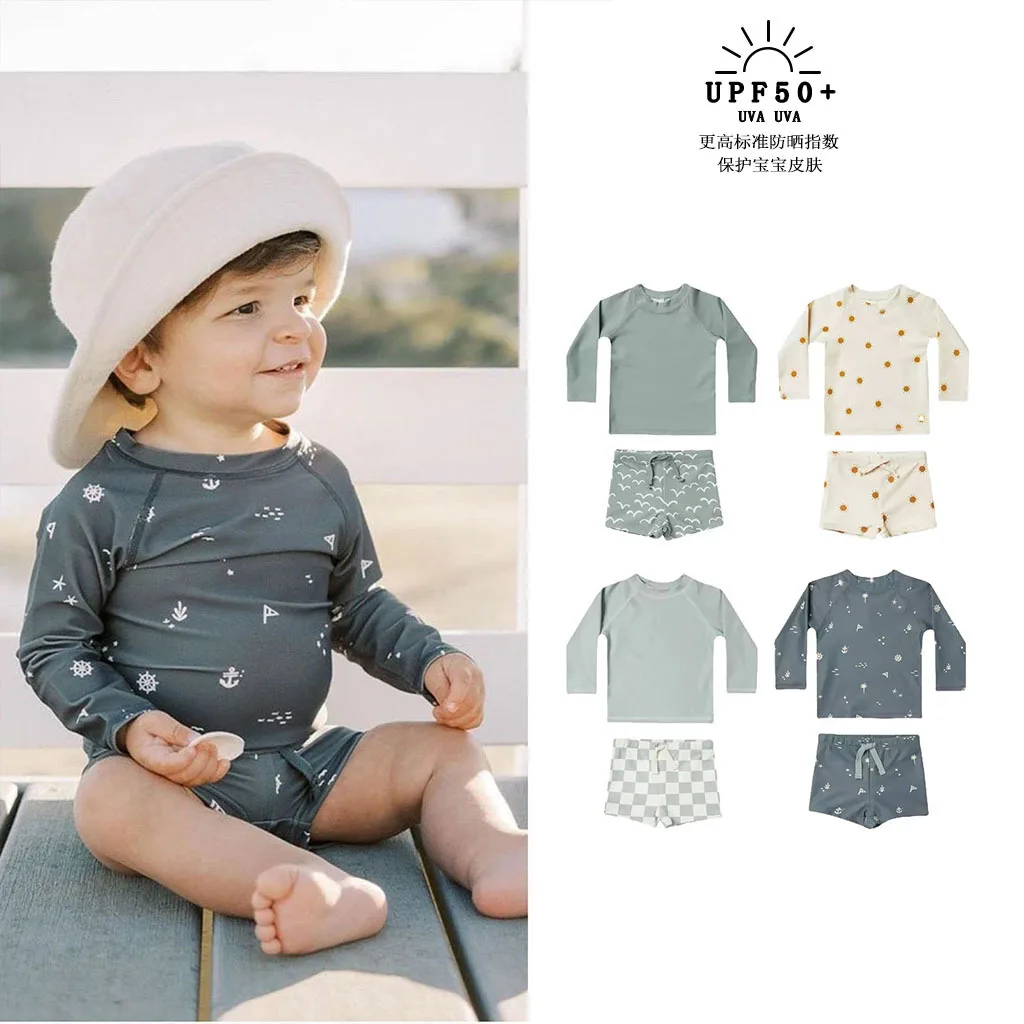 Kids Long Sleeve Split Swimsuit 2024 New Baby Sunscreen Swimsuit Boys Flat Angle Swimsuit