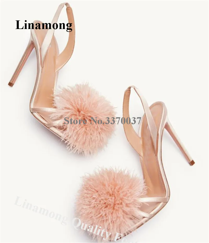 

Pom Pom Big Fur Sandals Linamong Champagne Thin Straps Cross Stiletto Heel Feather Dress Shoes Wedding Heels