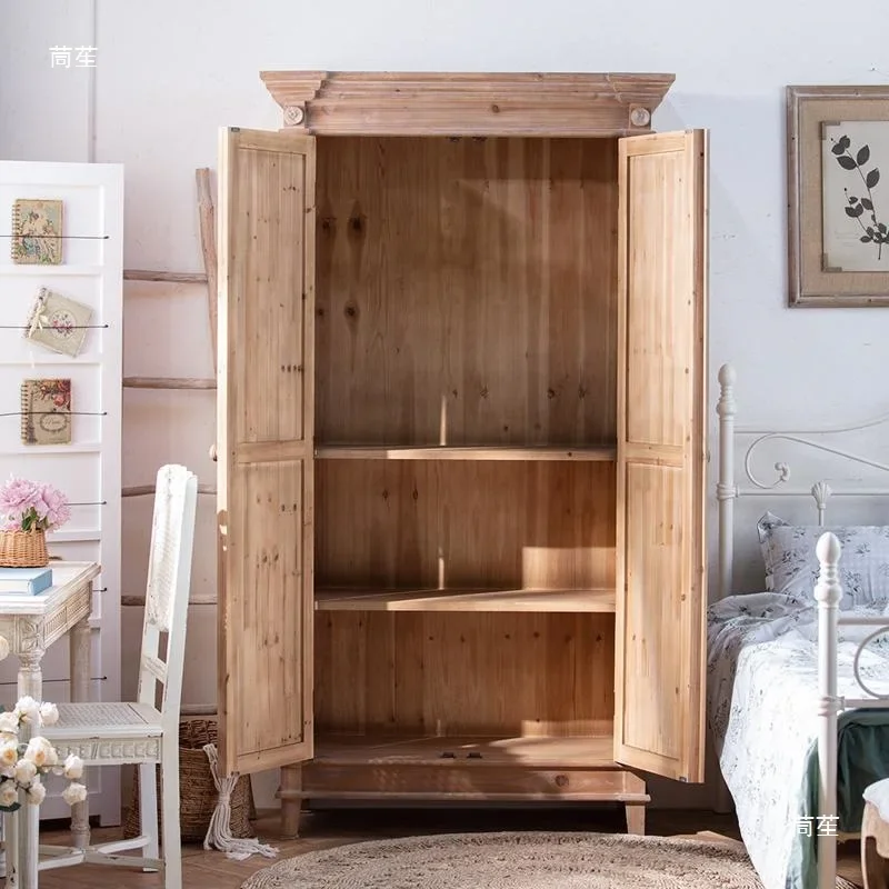 QA Simple solid wood independent wardrobe American rural pastoral retro bedroom double door wardrobe storage large cabinet