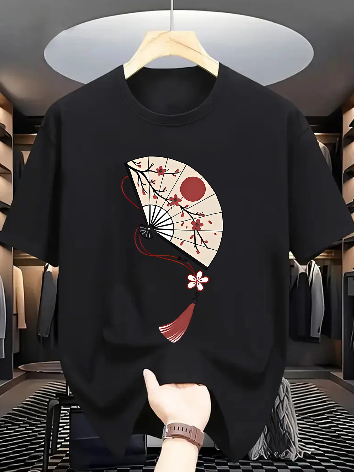 Oriental Folding Fan Mens Crew Neck T Shirt Plum Blossom Tassel Traditional Asian Art Graphic Short Sleeve Casual Street Tops