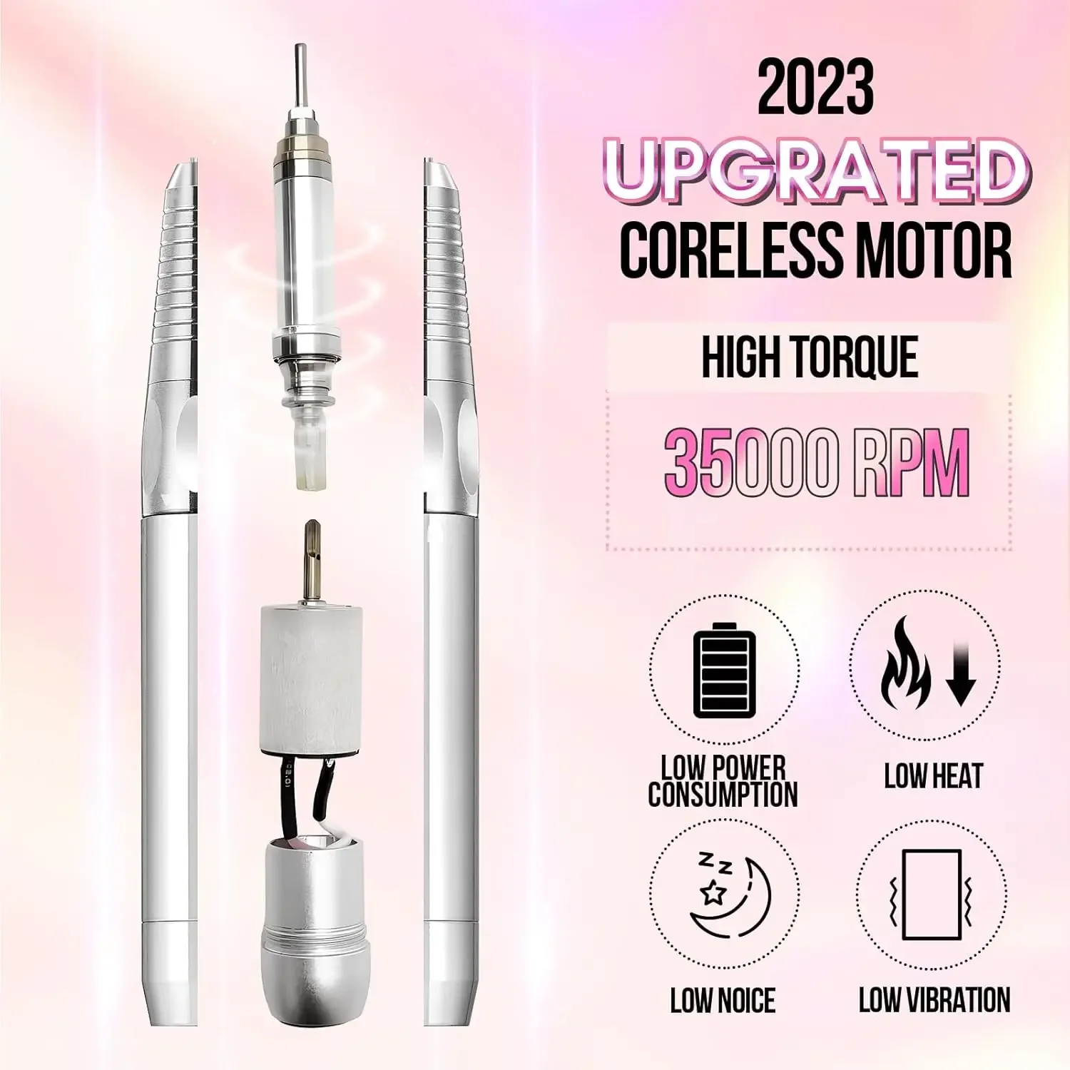 Nail Drill, 35000RPM Electric Nail Filer Machine With Coreless Motor for Acrylic Gel Nail，Recharge