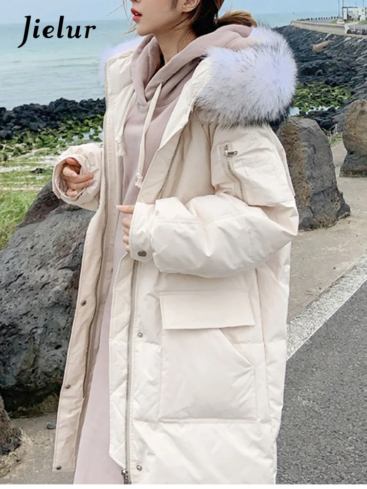 

Jielur Casual Solid Color Loose Fur Hooded Female Thick Beige Black Coat Women Korean Long Parkas Winter Cotton Jacket Women