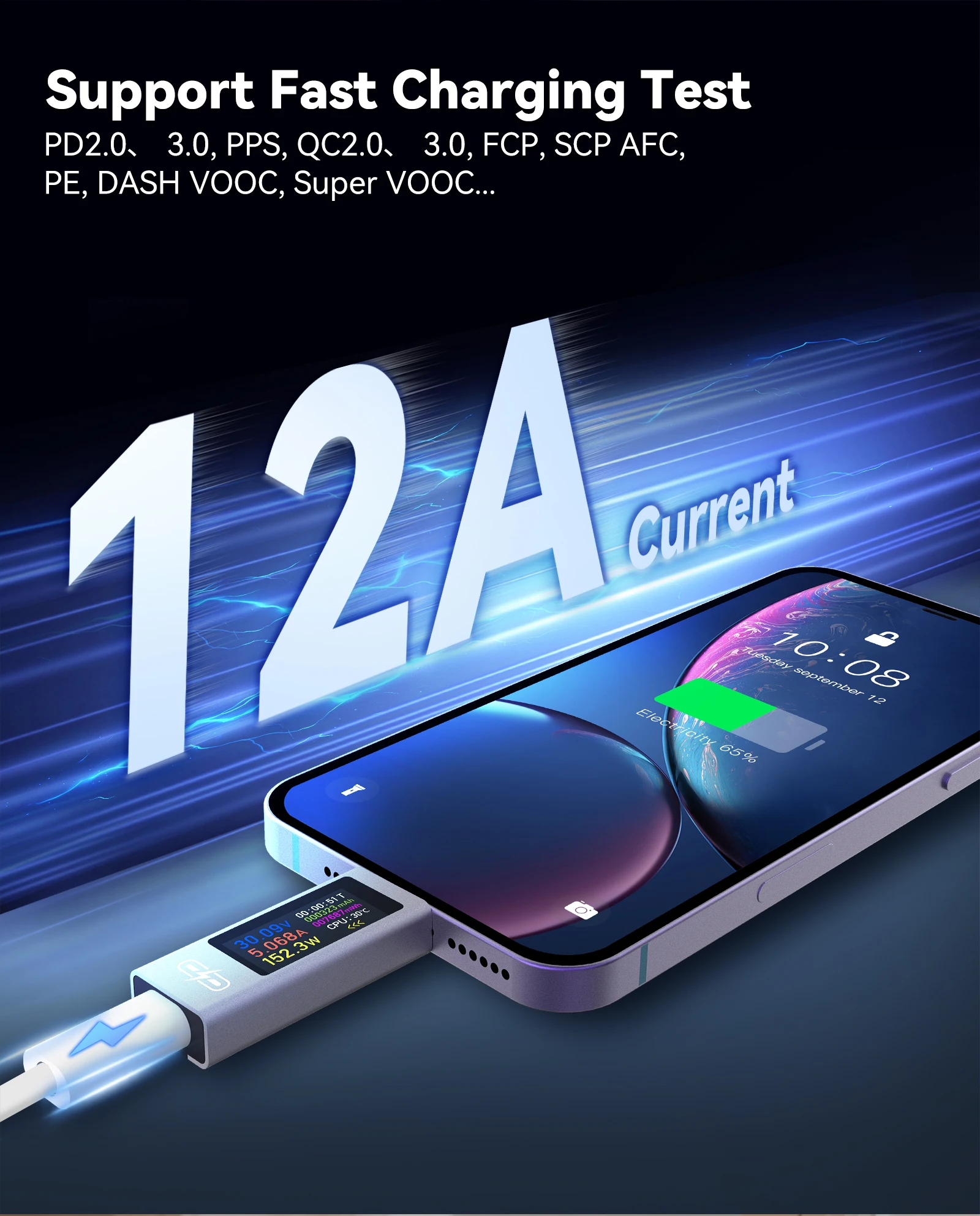 UT02C UT03C Typ-C Tester Multifunktions-Digitalanzeige DC Spannung Strom Leistungsmesser Telefon Ladetester DC 4-30V 0-12A – Detail 3