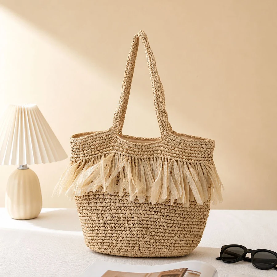 Casual Tassel Woven Women Shoulder Bags Handmade Fringe Lady Handbags Summer Beach Large Tote Bag Big Shopper Purse for Vacation