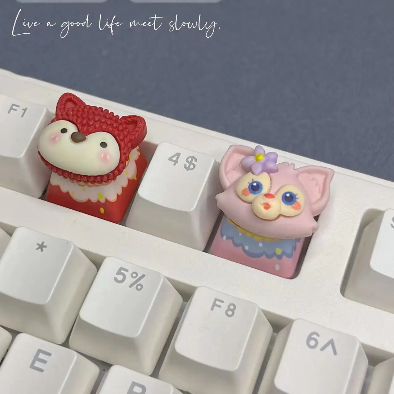 DIY handmade Gúnyrajz Anime Foxi keycaps Kreatív Műkődés Gépi Kulcskarika dekorációs Elárusítónő Rózsaszínű keycaps