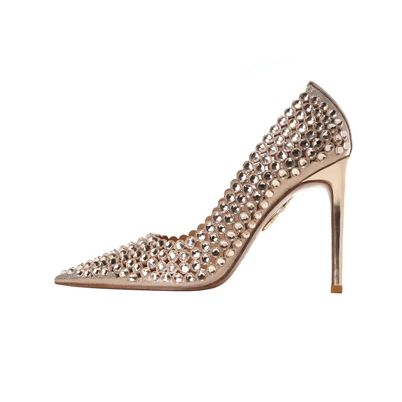 Spring Autumn New Style Rhinestone Pumps Women's Thin Heels 10Cm Sexy Fashion Crystal Bling Bling Color Wedding Shoes Pointed