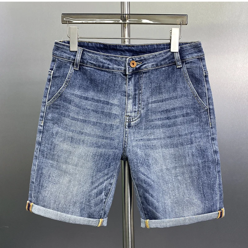 Shorts jeans casuais masculinos, estiramento fino, respirável, estampado luxo leve, high-end, verão, nova moda, 2024