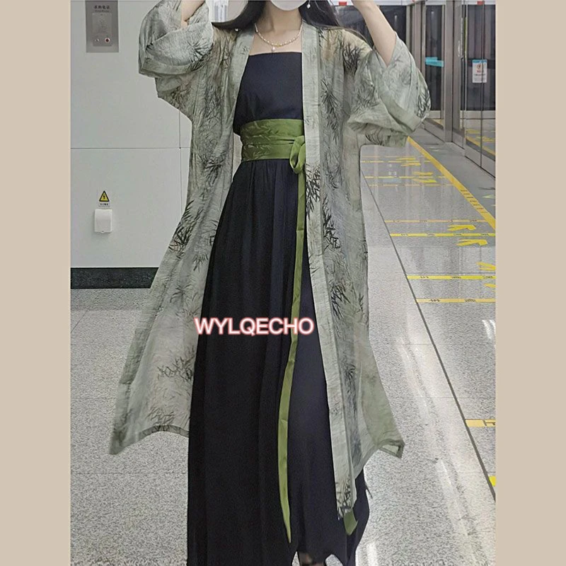 New Chinese Style Hanfu Women Loose Song Dynasty Hanfu 2 Piece Suit Kimono Robe Jumpsuits Vintage Green Chinese Hanfu Costume