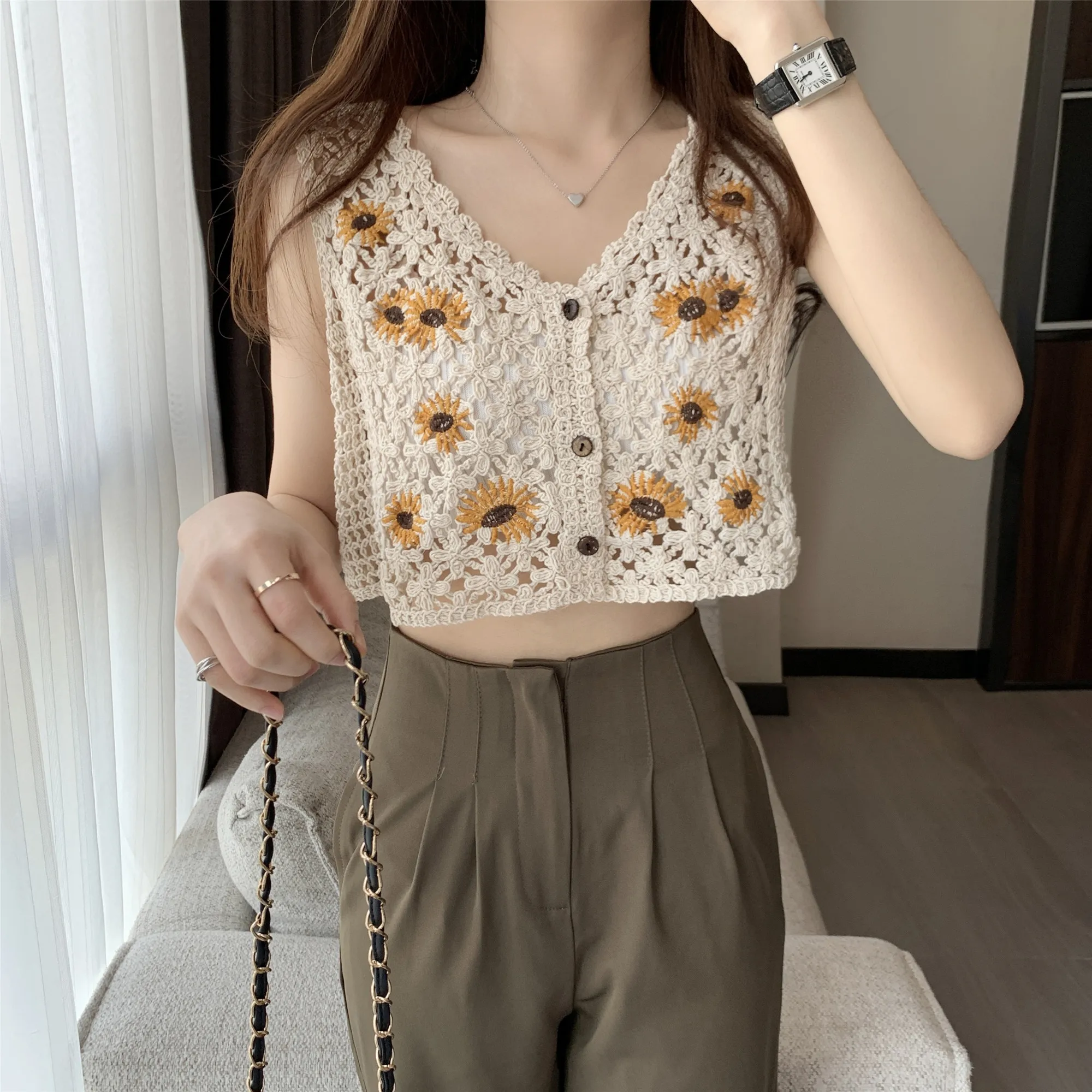 

Women's V-Ne Hollow out Knitted Tank Top Inner Wear Summer New Sle Retro Match All Knitwear ort Loose Fit Other 00%