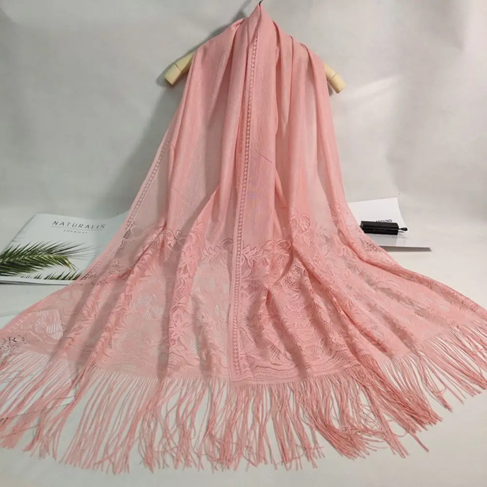 

Summer Long Silk Scarf Breathable Lace Tassel Shawls Pure Color Jacquard Sheer Wrap Women