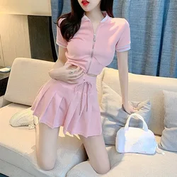 Mini Pink Pleated Skirt 2 Piece Sets Womens Outfits Summer Short Sleeve Crop Top Zipper Shirt Y2k Cardigan Casual Coat