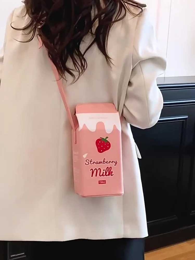 

Korean Style Creative Cute Fun Simulation Milk Box Crossbody Bag Fresh Sweet Fruit Printed Shoulder Bag Women's Texture PU Bag