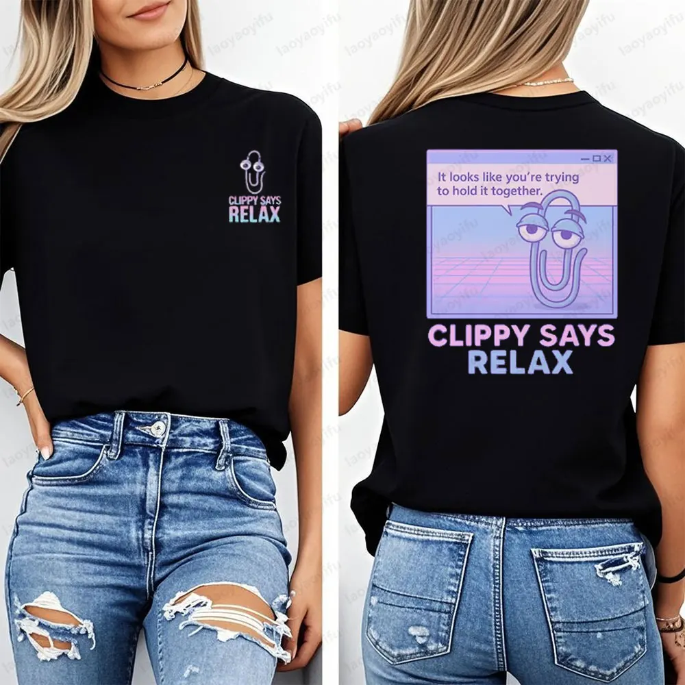 Vaporwave ностальгическая эстетическая футболка Clippy Says Relax с графическим принтом для мужчин и женщин, модные летние повседневные хлопковые футболки с круглым вырезом