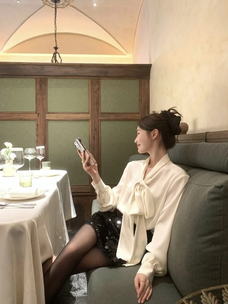 

French Sle Satin Feel White irt with Saes Straight Cut Long Sve Women's Regular Length Pure Color Faion Ladies' irt