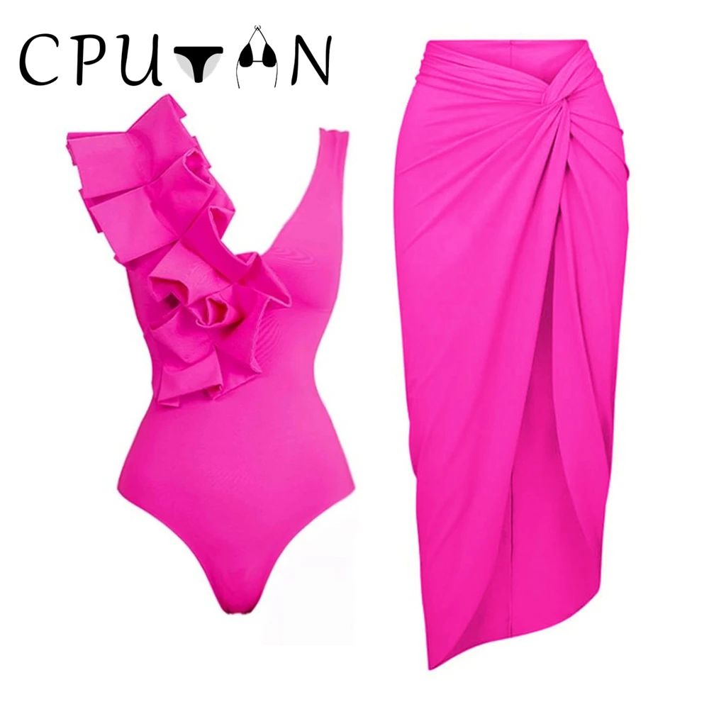 

CPUTAN 2024 Sexy 3D Flower Bikini Set Ruffle Swimsuit Skirt One Piece Swimwear Brazilian Biquini Bathing Suit Beachwear Dress