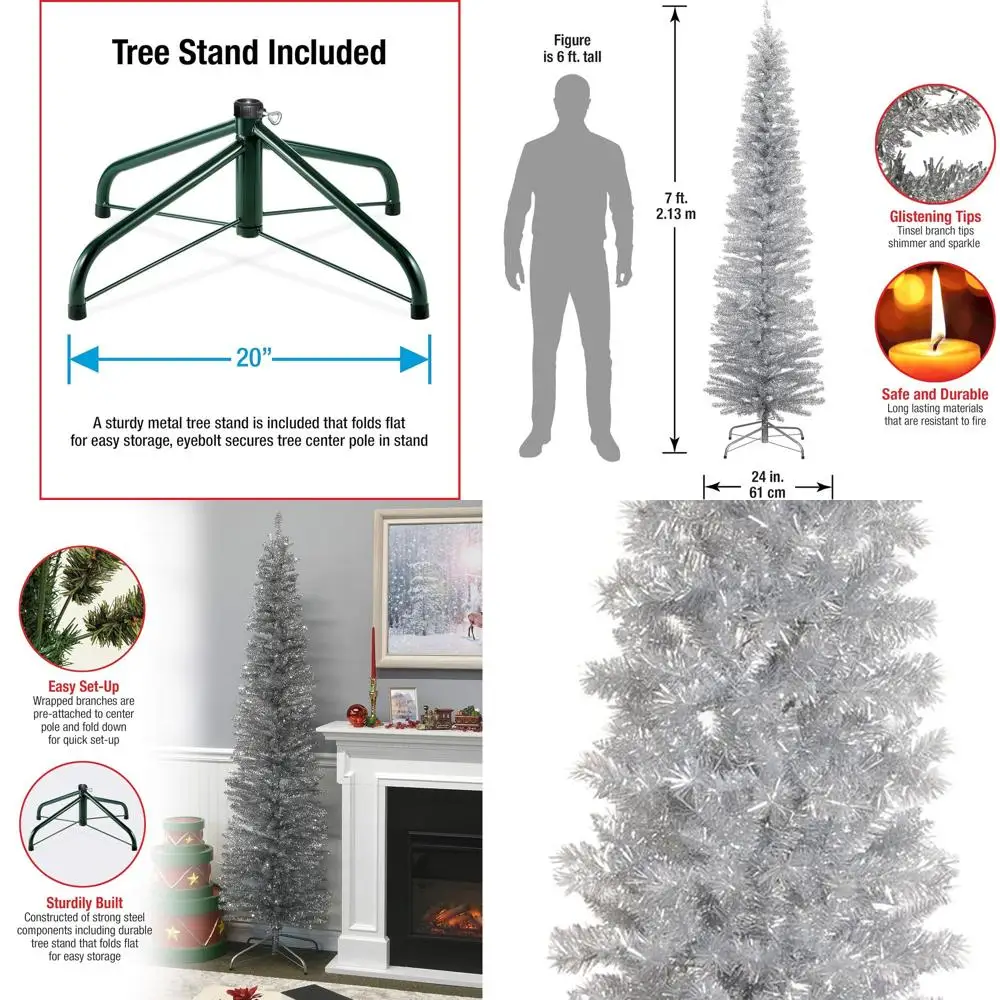 

7-Foot Silver Tinsel Christmas Tree with 640 Branch Tips and Stand