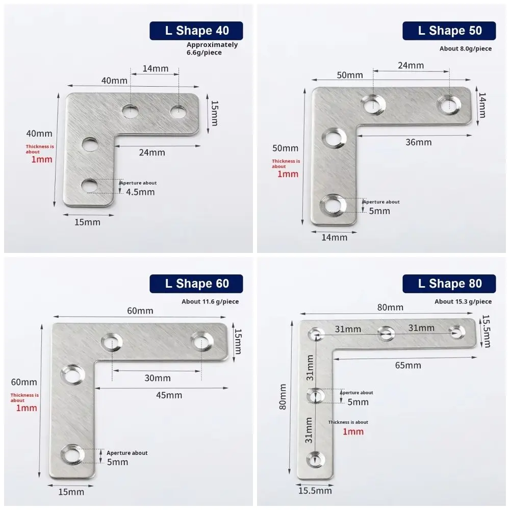 10 قطعة 40/50/60/80 مللي متر ركيزة زاوية 90 ° لوحة توصيل من النوع T ذات الزاوية اليمنى، دعامة زاوية ثابتة من الفولاذ المقاوم للصدأ #5