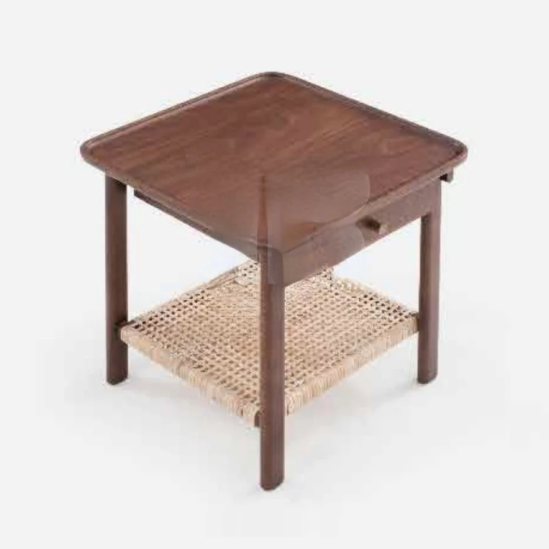 SOLID WOOD NATURAL RATTAN SHELF WITH BRASS HARDWARE BEDSIDE TABLE