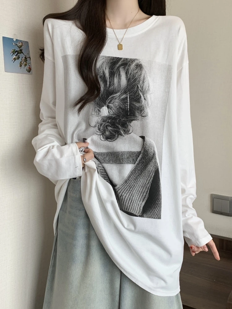 American Retro Long Sleeve T-Shirt Women Early Autumn plus Size Base Shirt Fat MM Slimming Mid-Length Butt Covering Top