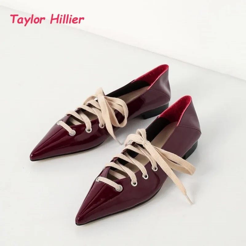 

Pointed Toe Lace Up Cutout Flat Shoes Women's Summer Comfortable Office Daily Trendy Retro Patent Leather Commuter Dress Shoes