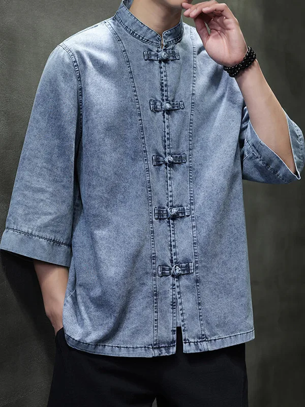 Men's Summer Casual Loose Fit Denim irt f Sve Stand Collar Button up T Top Youth Pure Color