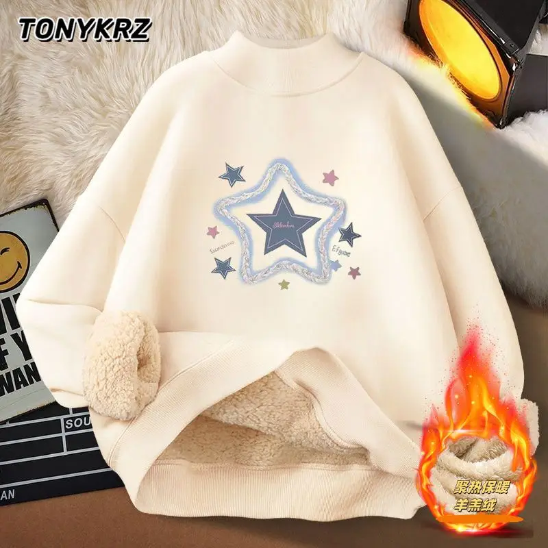 Moletom com capuz de lã de cordeiro com estampa de estrelas para mulheres com gola semi alta e blusa quente