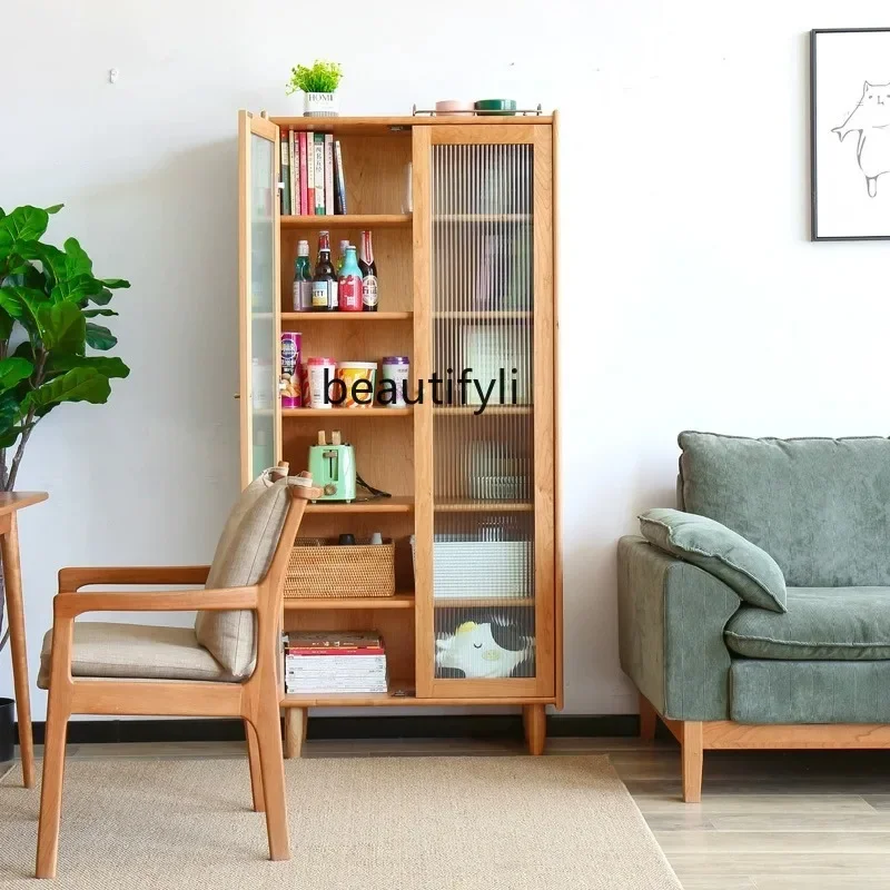 X Solid Wood Bookcase Nordic Style Natural Wood Floor-standing Storage Glass Storage Cabinet with Doors for Home Use