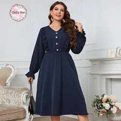 Della Mel Plus Size Women Clothing Solid Color Midi Dress Fashion Casual Puff Long Sleeve Big Size Lady Party Dresses 3XL 4XL