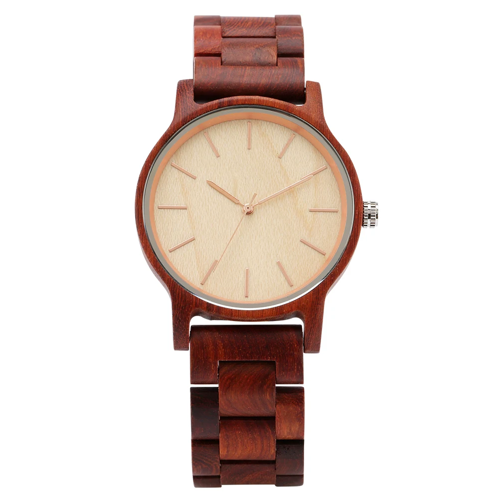 Red Wood/Maple Wood/Ebony Full Wood Quartz Men\'s Wristwatch Rose Gold Pointers Vintage Wooden Bangle Male Watches Folding Clasp