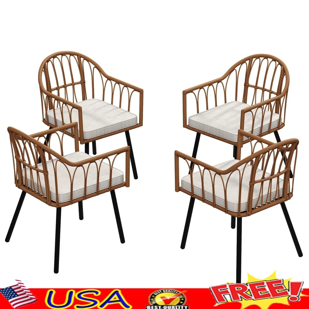 

Set of 4 All Weather Wicker Rattan Patio Dining Chairs with Cushions Ergonomic Design Outdoor Indoor Use Easy Assembly