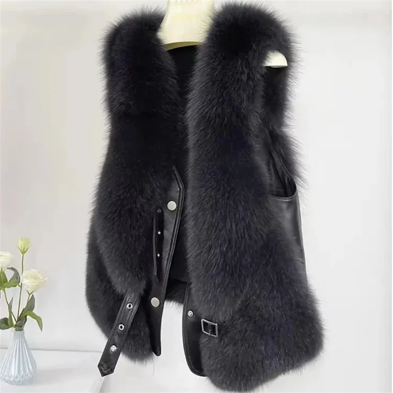 

2025 Autumn Winter Imitation fox fur vest Women's Fashion Short patchwork Fur Solid V-neck Sleeveless Coat Female Warm Jackets